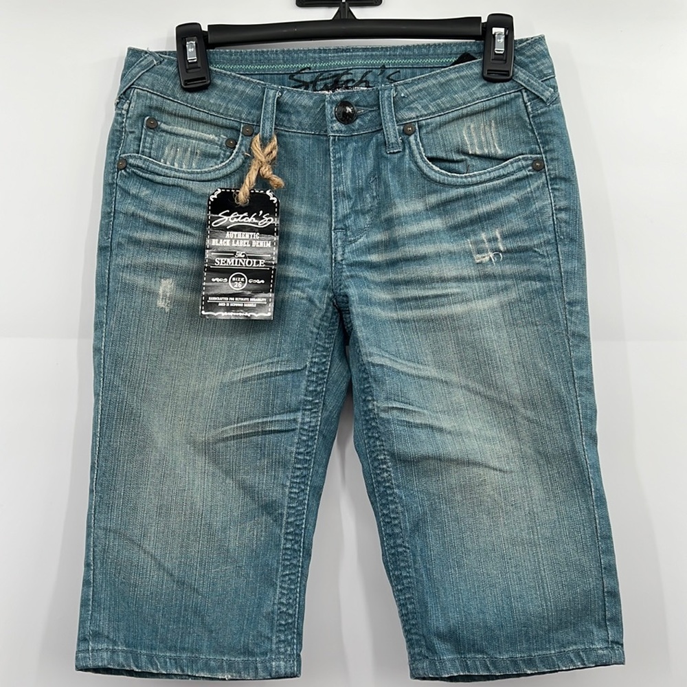 NWT Stitch’s Denim Jean Bermudas The Seminole Black Denim Label Sz 26